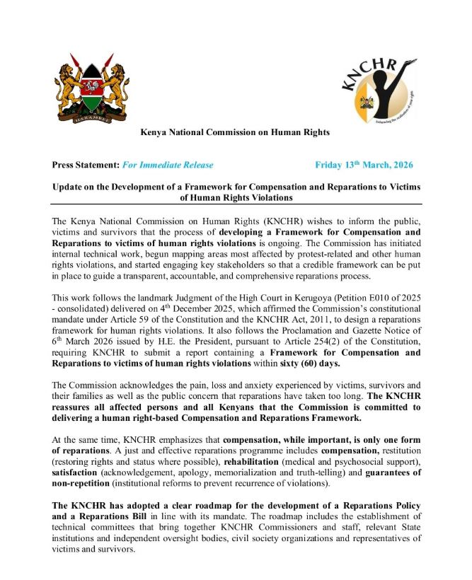 KNCHR Statement on the Process of Compensation of Protest Victims