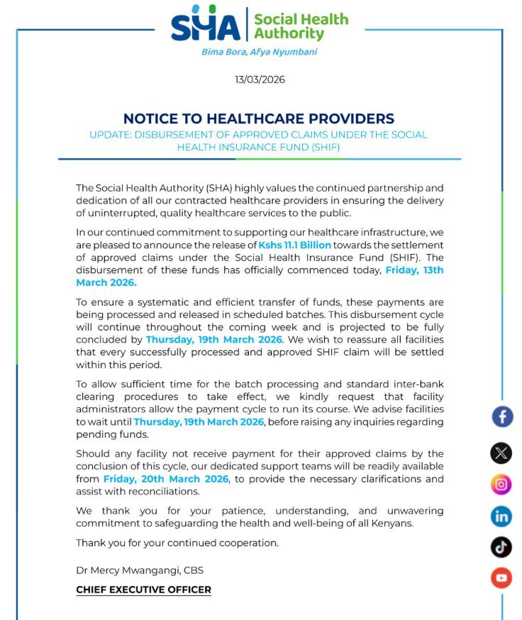 SHA Statement on Disbursement of Ksh. 11.1 Billion For Hospital Claims