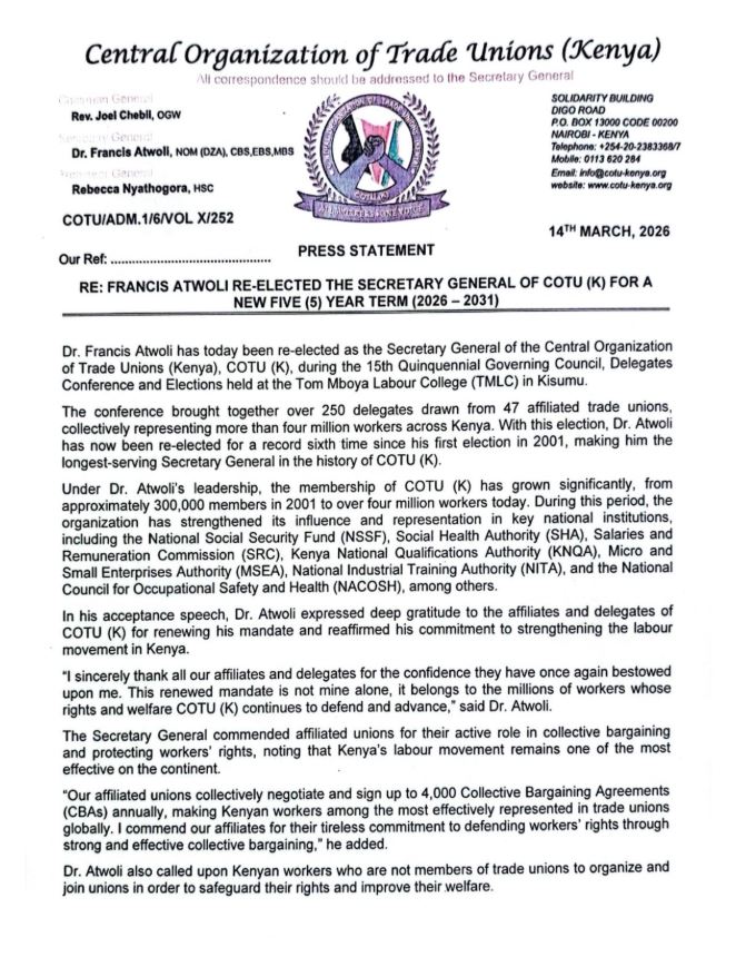 COTU Statement on Re-Election of Francis Atwoli as Secretary General of COTU Kenya