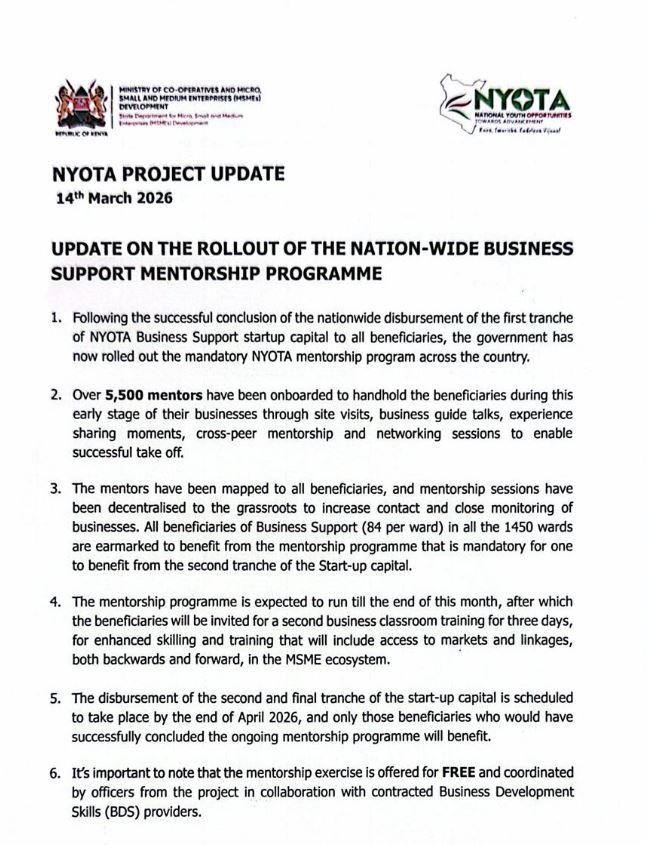 Government Statement on Rollout of NYOTA Mentorship Program