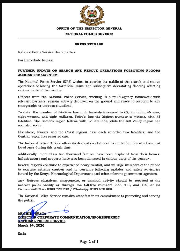 Government Statement on Floods Situation in Kenya, Search and Rescue Operations