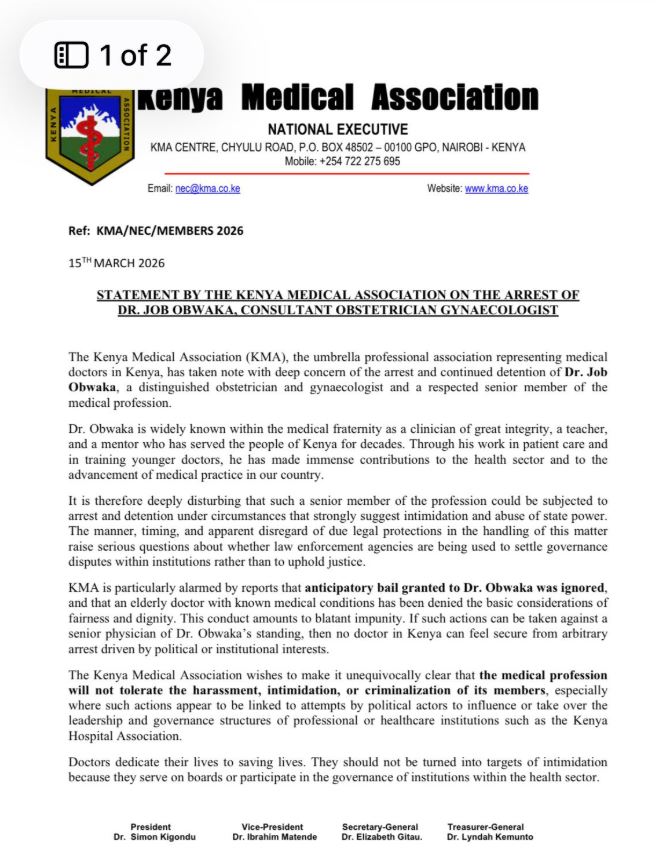 KMA Statement on the Arrest of Dr Job Obwoka Over Nairobi Hospital Ownership