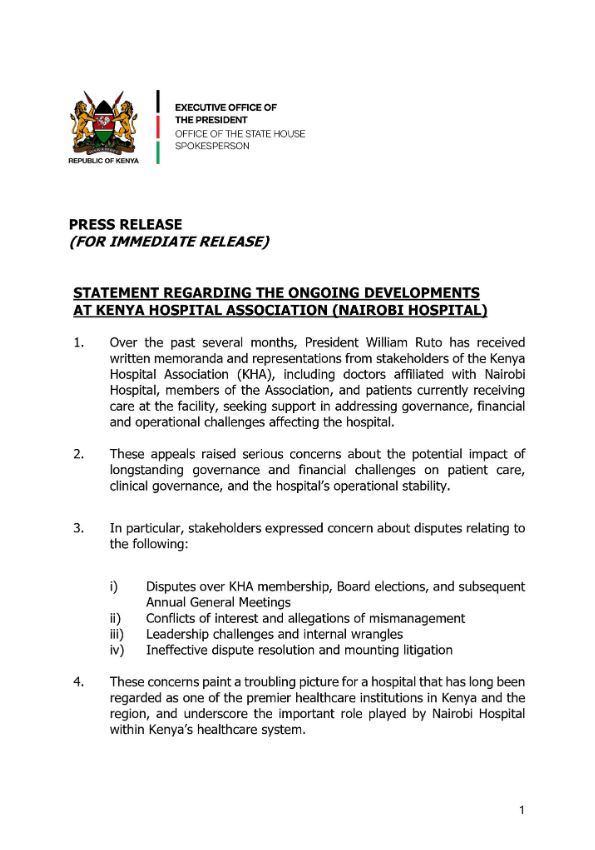 Government Statement on Nairobi Hospital Ownership Wrangles
