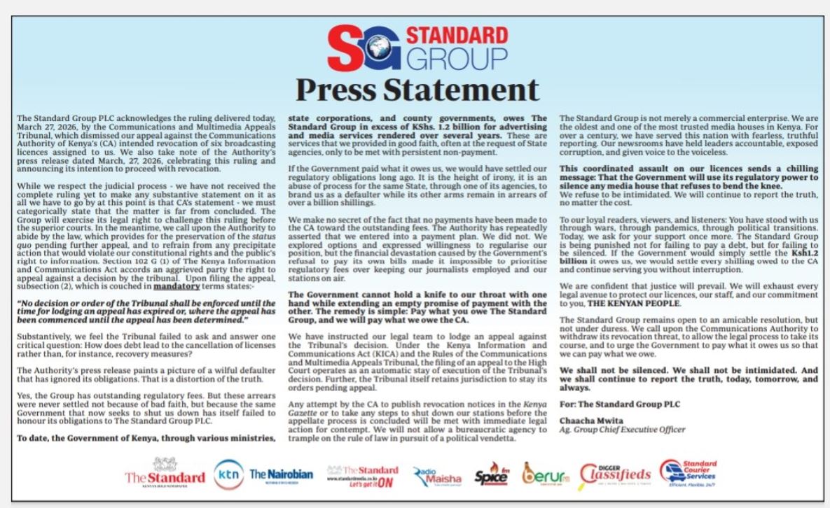 Standard Group Response Statement on CA Notice to Revoke License