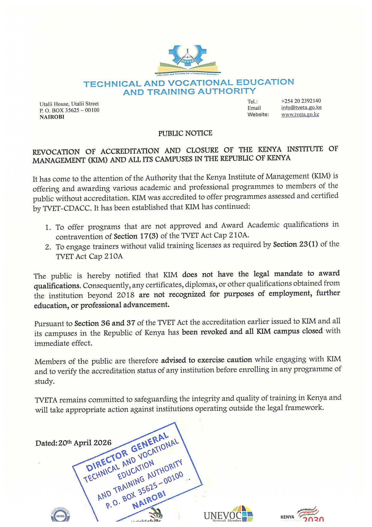 TVET Authority Statement on Revocation of KIM Accreditation