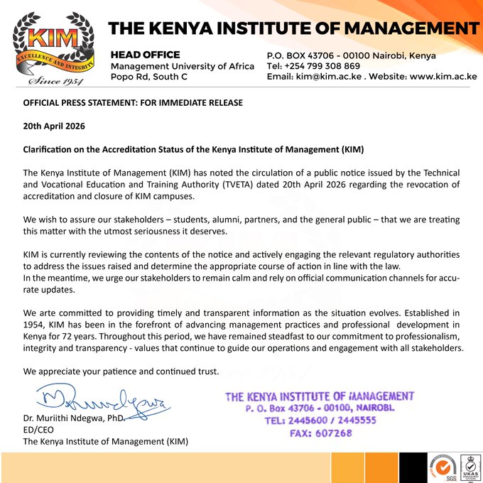 KIM Statement on Accreditation Status in Response to TVETA Revocation Notice