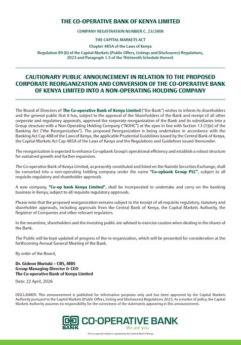 Co-operative Bank  Statement on Corporate Reorganization and Regional Expansion