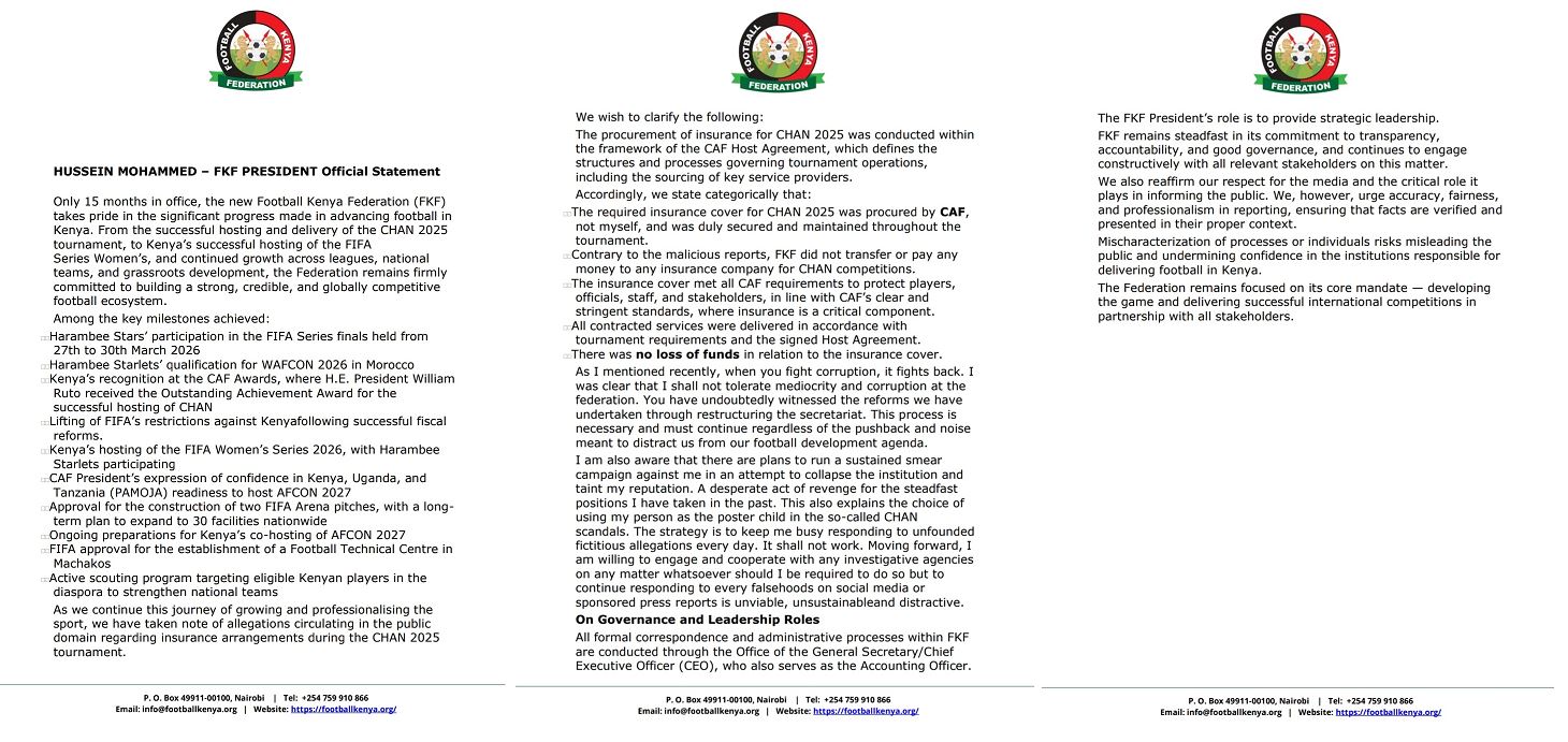 FKF President Mohammed Hussein Response Statement on Suspension Over Fraud
