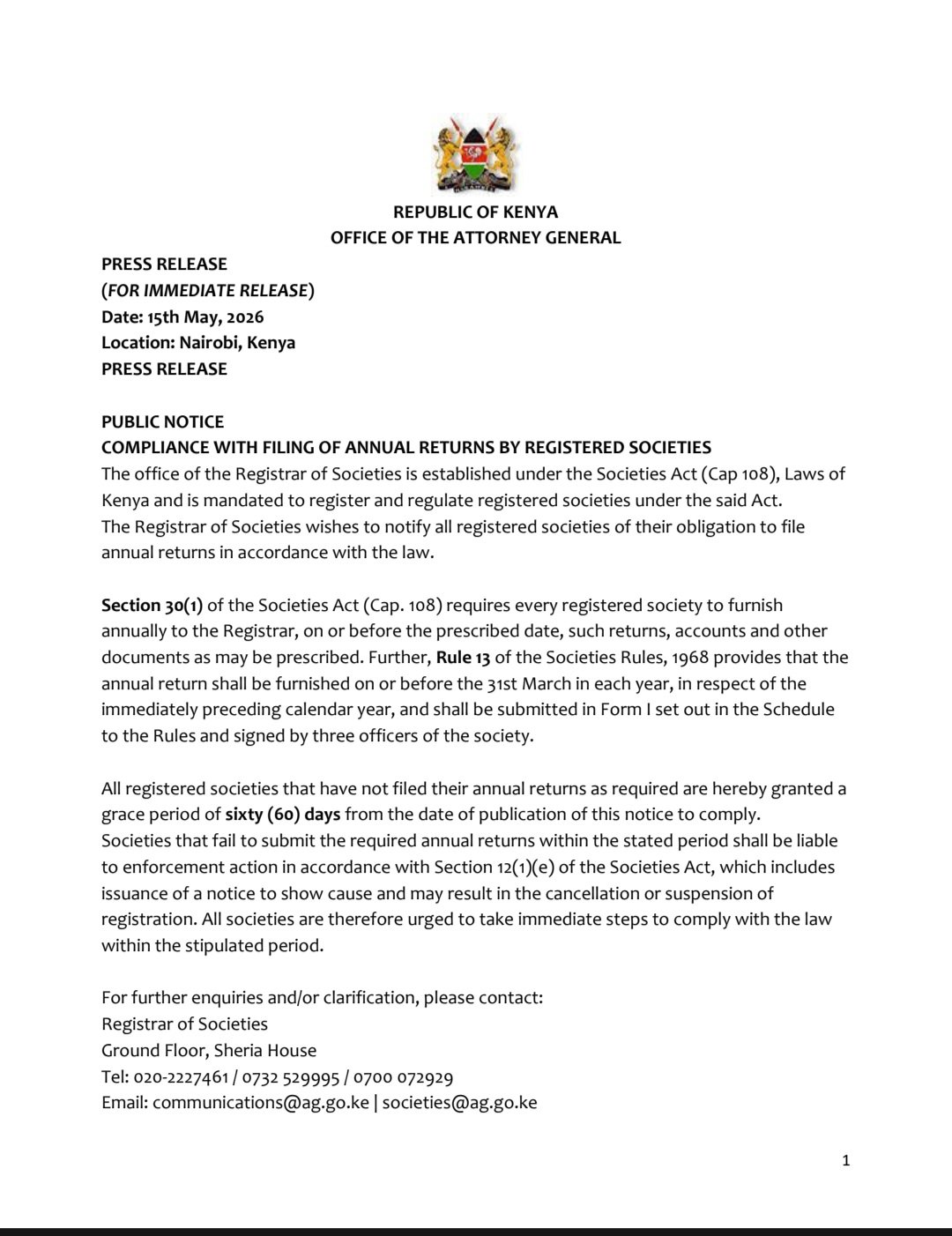 Registrar of Societies Notice on Deadline For Filing of Annual Returns by Registered Societies