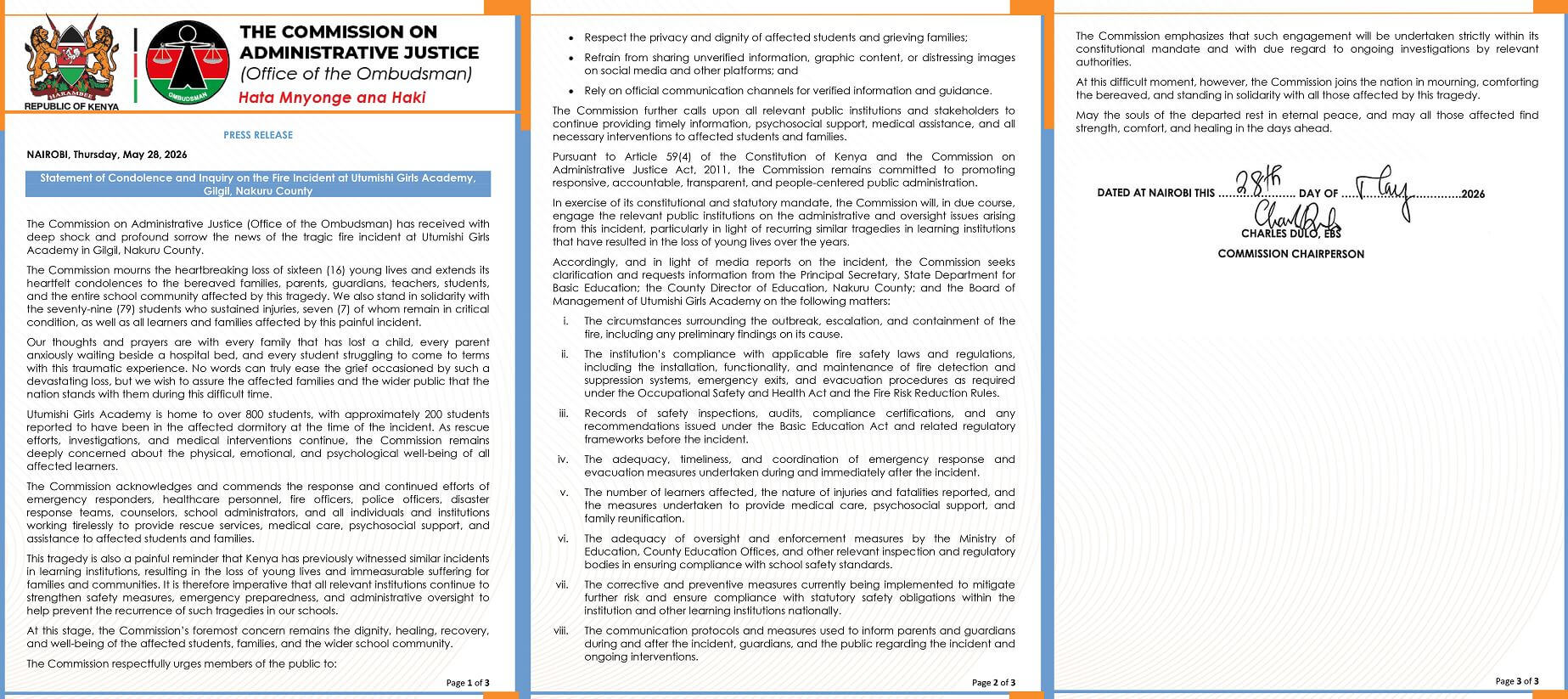 Ombudsman Statement On The Fire Incident At Utumishi Girls Academy