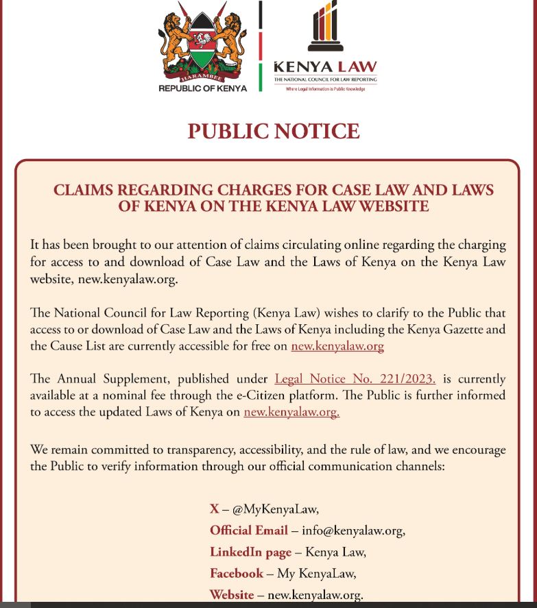 Kenya Law Statement on Charging to Access Case Laws