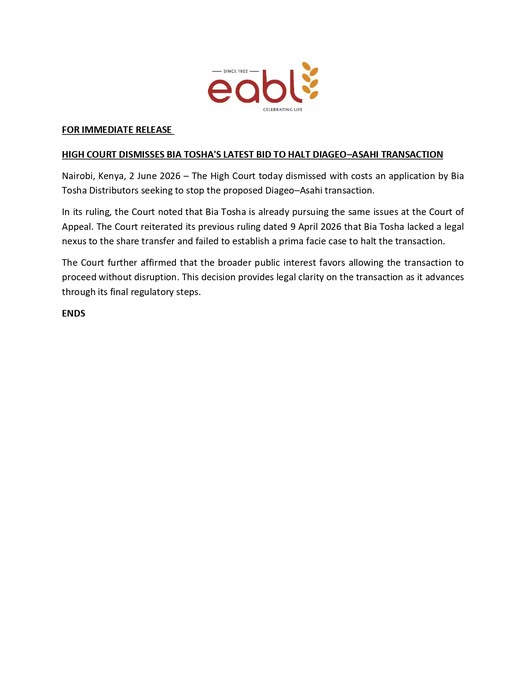 EABL Statement on Court Dismissal Of Bia Tosha Application To Stop Diageo-Asahi Transaction