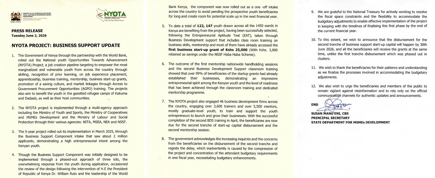 Nyota Project Statement on 2nd Disbursement of Business Startup Capital