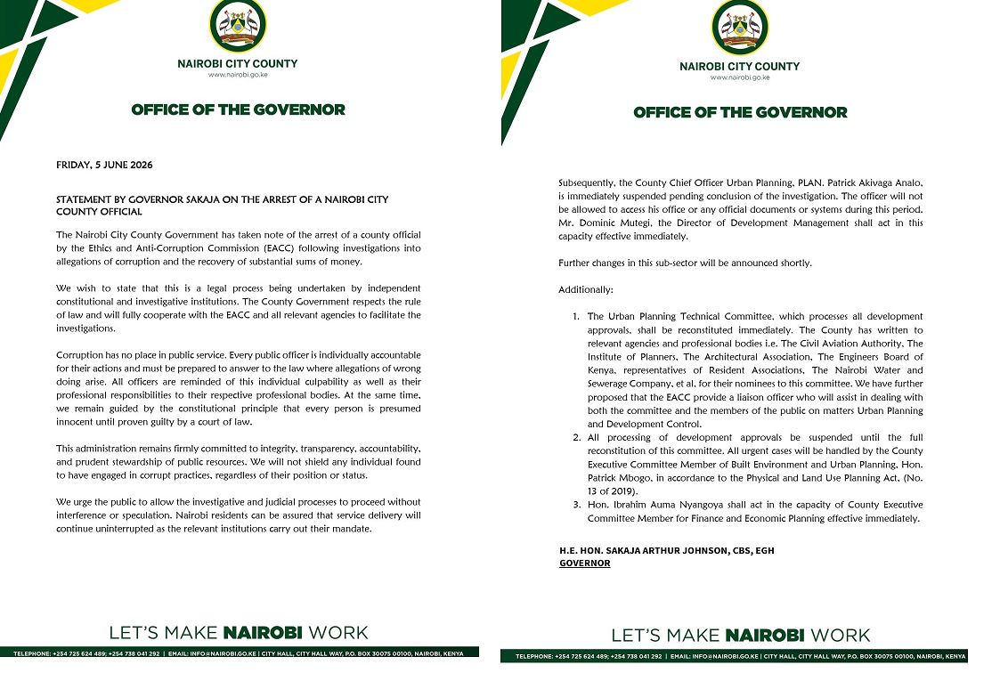 Sakaja Statement on Arrest of Nairobi County Chief Officer Patrick Analo