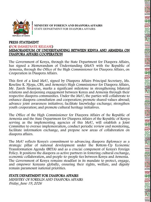 Ministry of Foreign Affairs Statement on MoU Between Kenya And Armenia