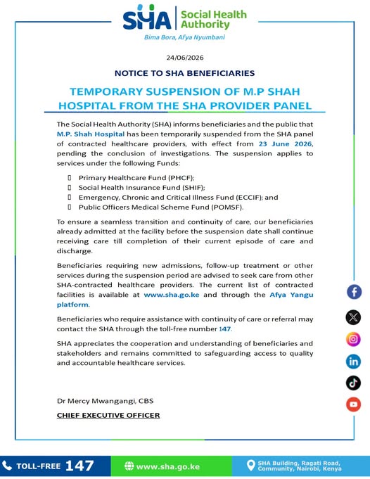 SHA Statement on Temporary Suspension of M.P. Shah Hospital