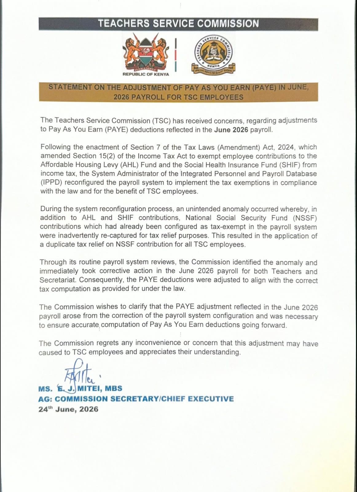 TSC Statement on Changes in Teachers PAYE Tax in June 2026