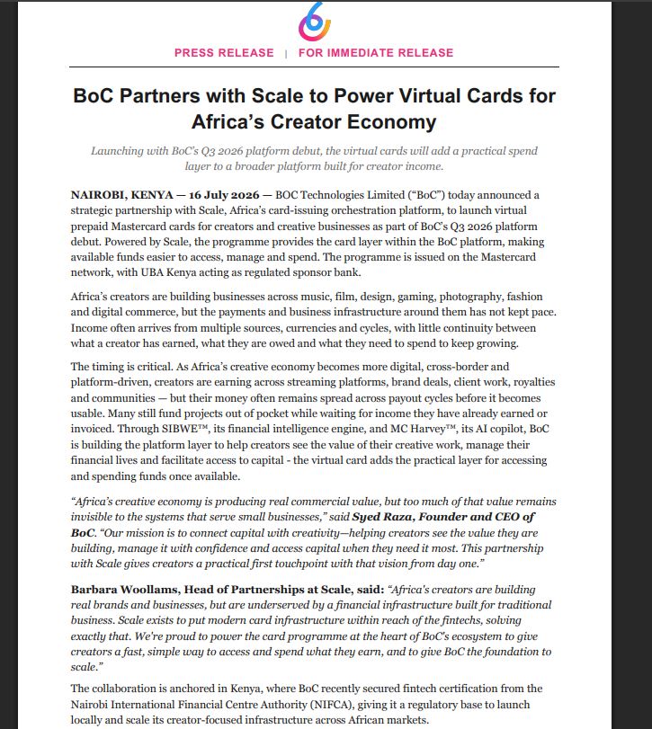 BoC Statement on Partnering With Scale yo Launch Virtual Prepaid Mastercard Cards in Africa