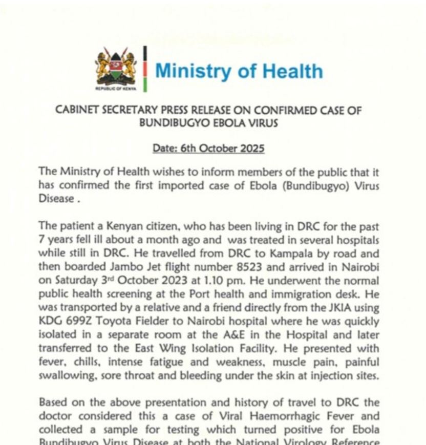 Ministry of Health Statement on Ebola Case In Kenya