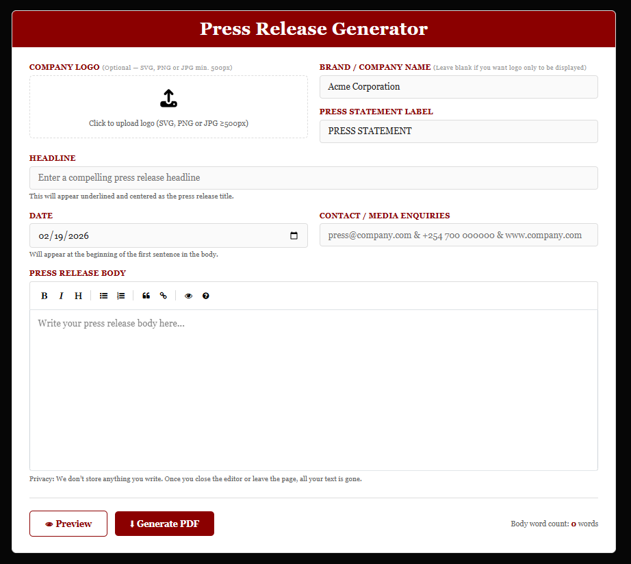 Free Press Release PDF Generator Tool