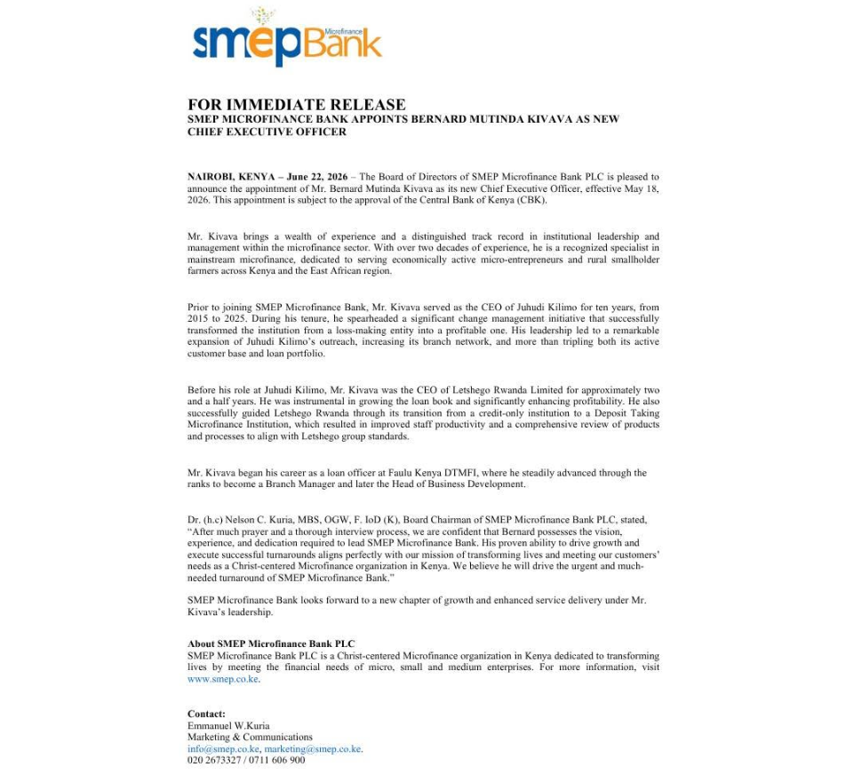 Bernard Mutinda Kivava Appointed CEO of SMEP Microfinance Bank - Image 2