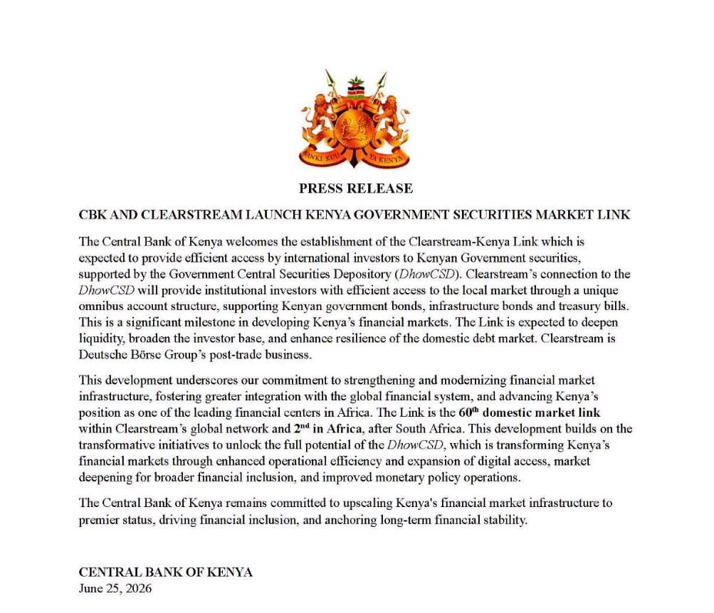 CBK, Clearstream Launch Kenya Government Securities for International Investors